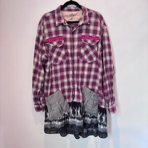 RedHead Plaid Repurposed Western Rodeo Shirt Country Tunic Oversized XL-2XL c68